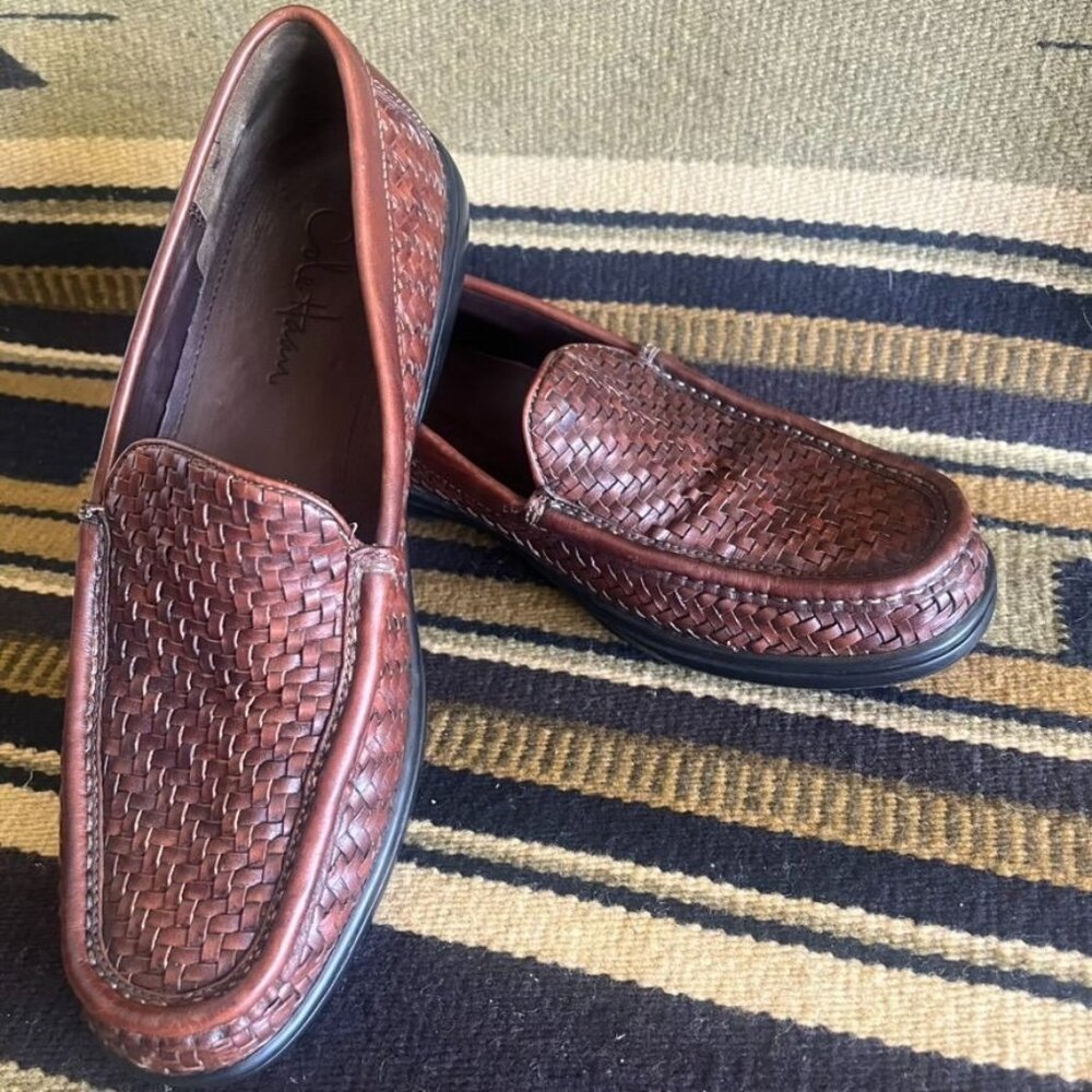 Cole Haan Woven Leather Loafers Mens Size 8 Brown Slip-On Comfort Dress Casual